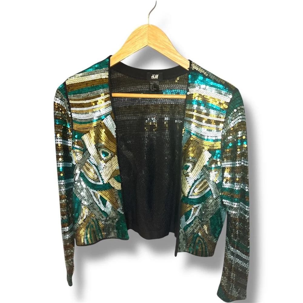 H&M Sequin Jacket Green/Gold Size S - Picture 3 of 5